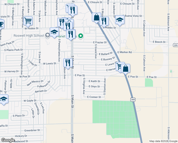 map of restaurants, bars, coffee shops, grocery stores, and more near 208 East Hervey Street in Roswell