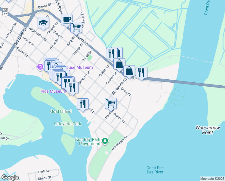 map of restaurants, bars, coffee shops, grocery stores, and more near 317 Saint James Street in Georgetown