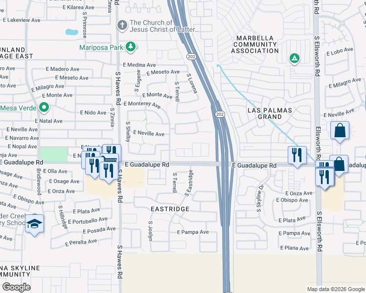 map of restaurants, bars, coffee shops, grocery stores, and more near 8626 East Naranja Avenue in Mesa