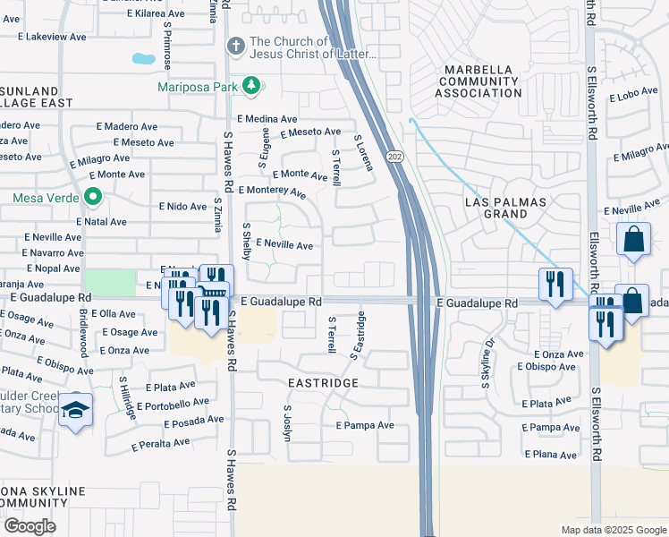 map of restaurants, bars, coffee shops, grocery stores, and more near 8626 East Naranja Avenue in Mesa