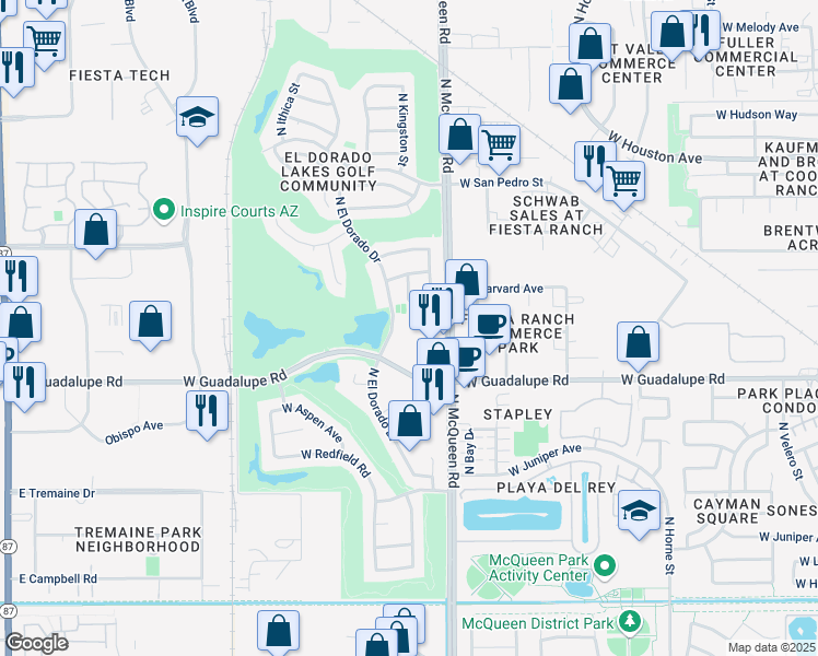 map of restaurants, bars, coffee shops, grocery stores, and more near 845 North El Dorado Drive in Gilbert