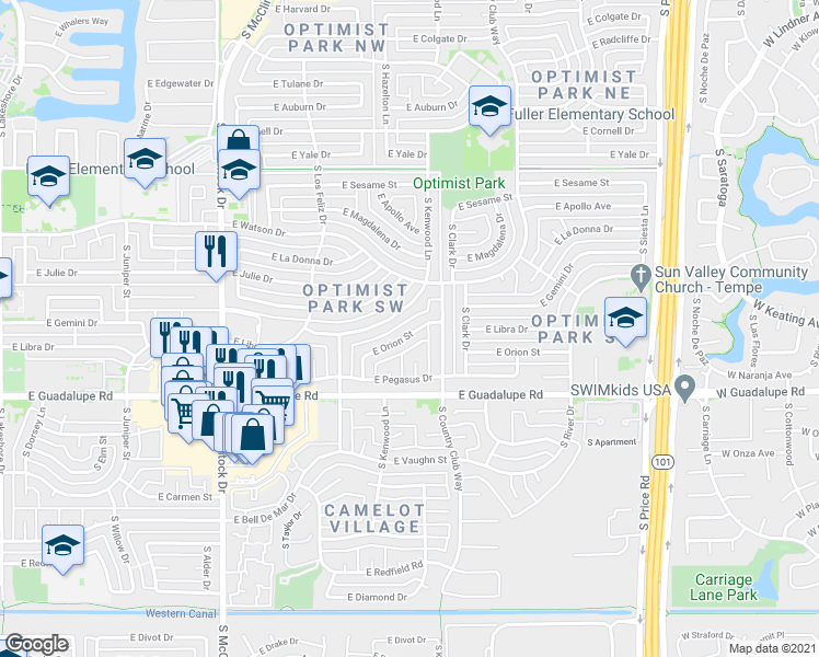map of restaurants, bars, coffee shops, grocery stores, and more near 1919 East Libra Drive in Tempe
