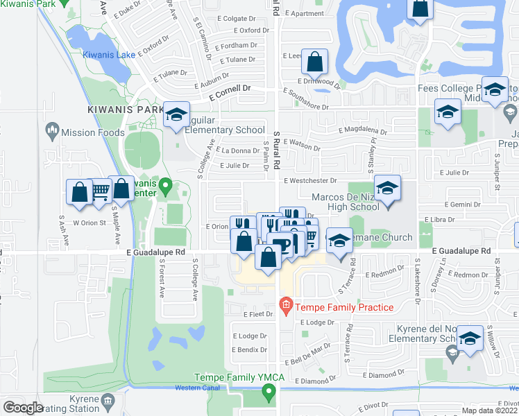 map of restaurants, bars, coffee shops, grocery stores, and more near 6150 South Rural Road in Tempe