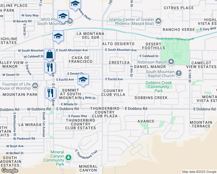 map of restaurants, bars, coffee shops, grocery stores, and more near 9000 South 12th Street in Phoenix