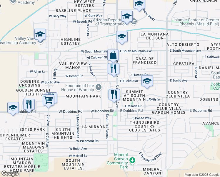 map of restaurants, bars, coffee shops, grocery stores, and more near 8818 South Central Avenue in Phoenix