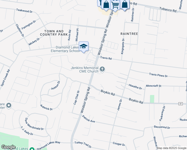 map of restaurants, bars, coffee shops, grocery stores, and more near 4228 Windsor Spring Road in Hephzibah