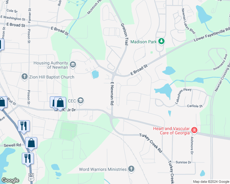 map of restaurants, bars, coffee shops, grocery stores, and more near 167 Preserve Drive in Newnan