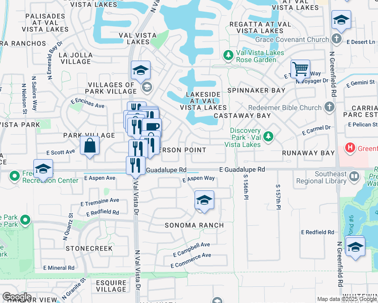 map of restaurants, bars, coffee shops, grocery stores, and more near 830 North Ahoy Drive in Gilbert