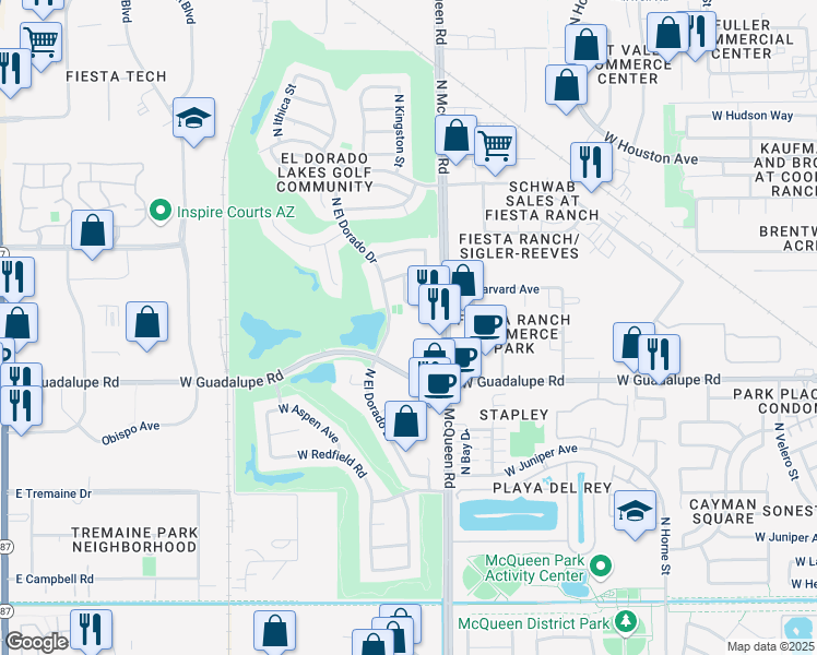map of restaurants, bars, coffee shops, grocery stores, and more near 845 North El Dorado Drive in Gilbert