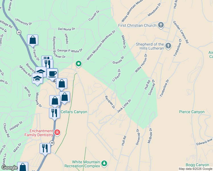 map of restaurants, bars, coffee shops, grocery stores, and more near 101 Granite Drive in Ruidoso