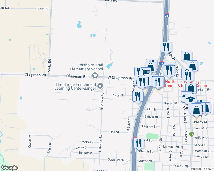 map of restaurants, bars, coffee shops, grocery stores, and more near 1111 Serendipity Circle in Sanger