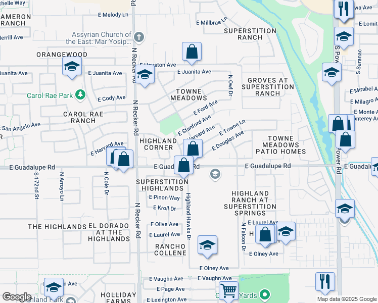 map of restaurants, bars, coffee shops, grocery stores, and more near 832 North Pheasant Drive in Gilbert