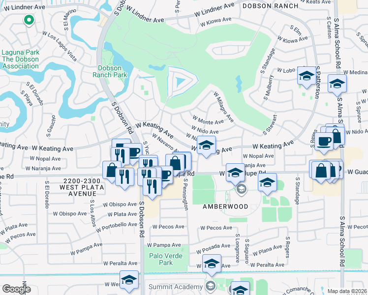 map of restaurants, bars, coffee shops, grocery stores, and more near 1815 West Keating Avenue in Mesa