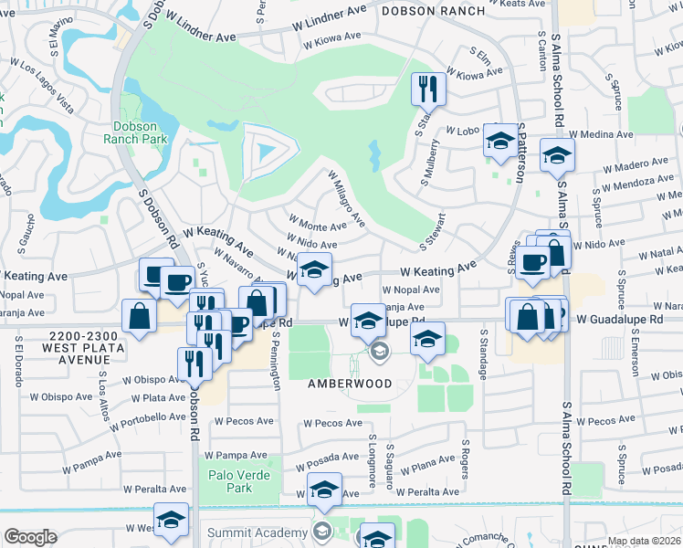 map of restaurants, bars, coffee shops, grocery stores, and more near 1664 West Keating Avenue in Mesa