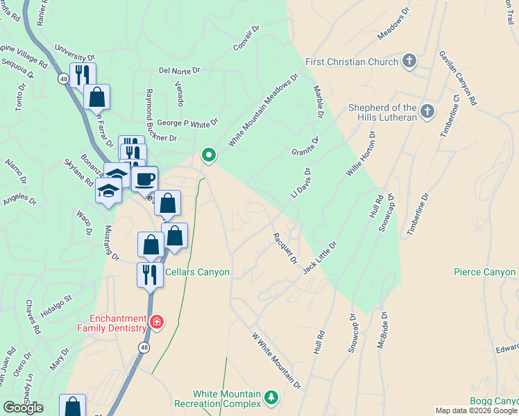map of restaurants, bars, coffee shops, grocery stores, and more near 27 Racquet Drive in Ruidoso
