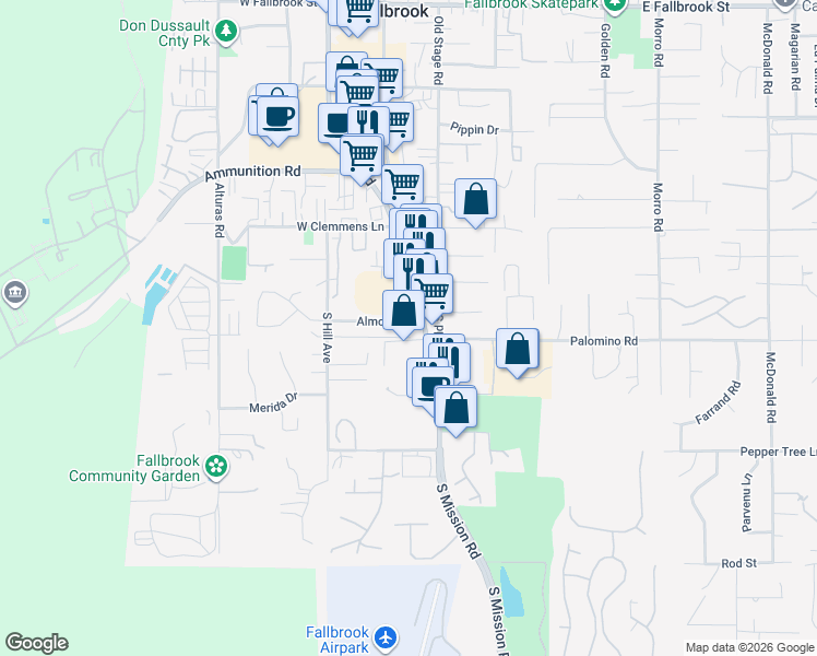 map of restaurants, bars, coffee shops, grocery stores, and more near 114 Almond Street in Fallbrook