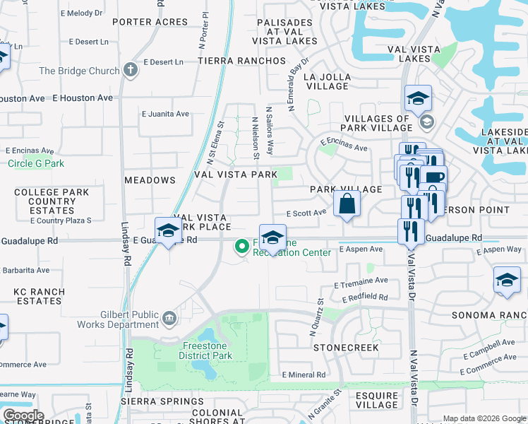 map of restaurants, bars, coffee shops, grocery stores, and more near 841 North Nielson Street in Gilbert