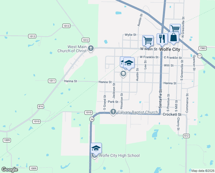 map of restaurants, bars, coffee shops, grocery stores, and more near 559 South Grand Street in Wolfe City