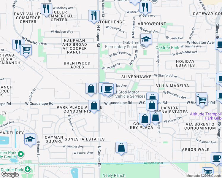 map of restaurants, bars, coffee shops, grocery stores, and more near 722 West Scott Avenue in Gilbert