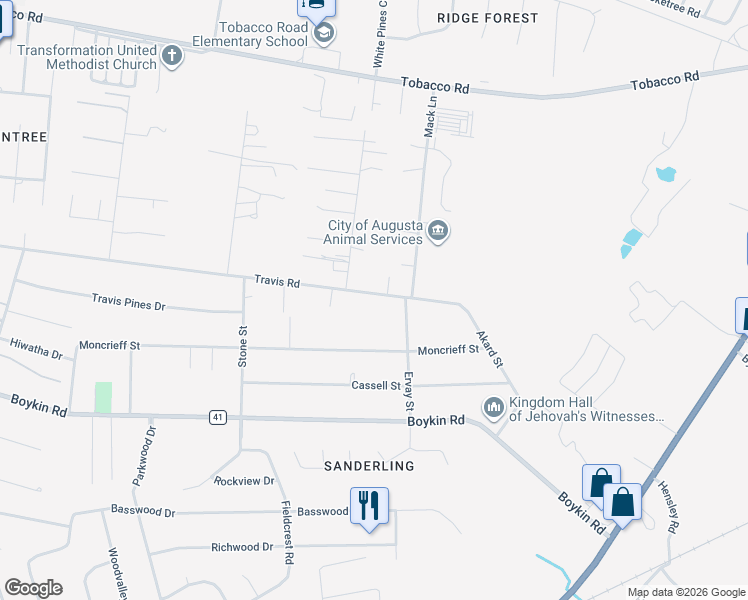 map of restaurants, bars, coffee shops, grocery stores, and more near 2206 Travis Road in Augusta