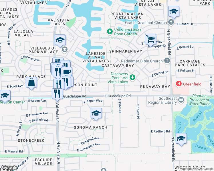 map of restaurants, bars, coffee shops, grocery stores, and more near 1926 East Cortez Drive in Gilbert