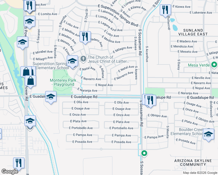 map of restaurants, bars, coffee shops, grocery stores, and more near 7416 East Naranja Avenue in Mesa