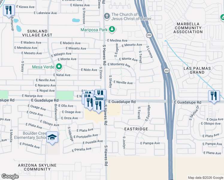 map of restaurants, bars, coffee shops, grocery stores, and more near 2735 South Shelby in Mesa