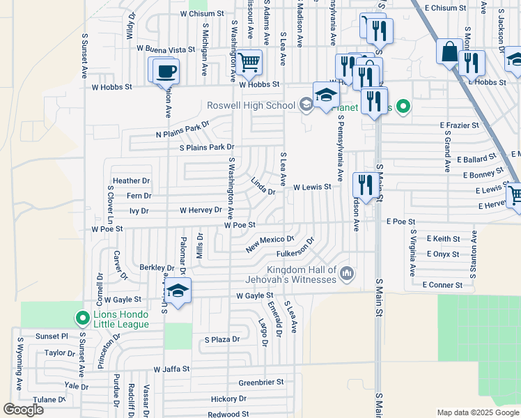 map of restaurants, bars, coffee shops, grocery stores, and more near 506 West Hervey Drive in Roswell