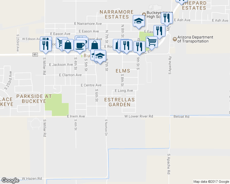 map of restaurants, bars, coffee shops, grocery stores, and more near 721 East Long Avenue in Buckeye
