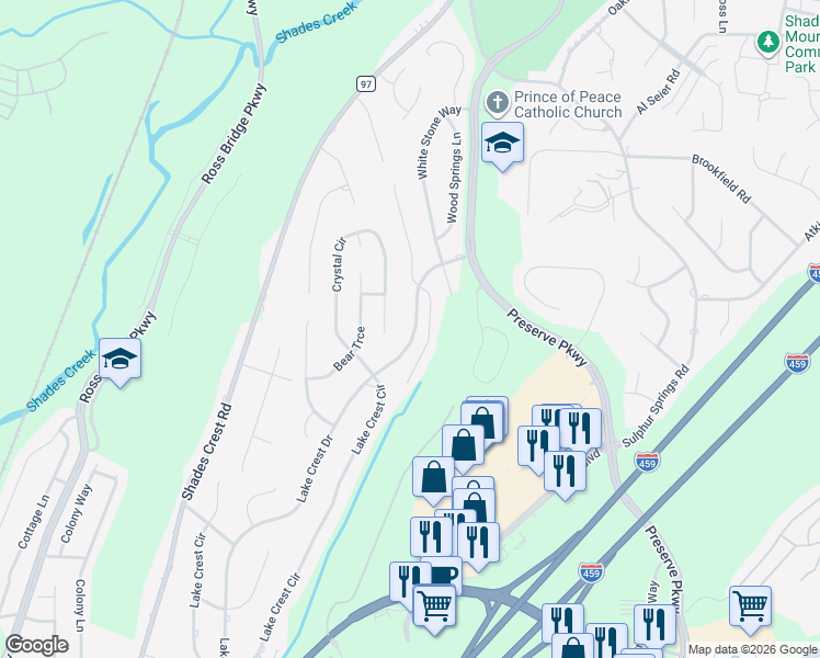 map of restaurants, bars, coffee shops, grocery stores, and more near 816 Lake Crest Drive in Birmingham