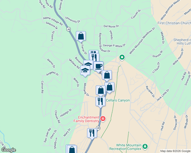 map of restaurants, bars, coffee shops, grocery stores, and more near 129 Bonanza Drive in Ruidoso