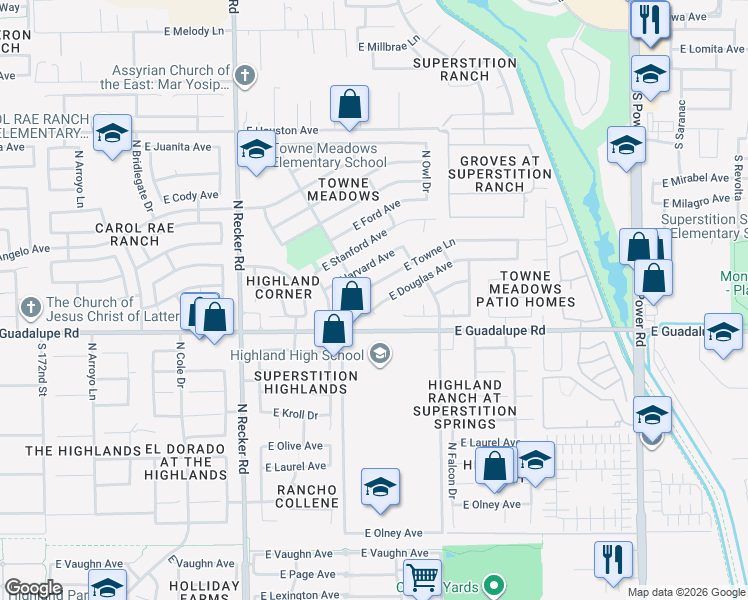 map of restaurants, bars, coffee shops, grocery stores, and more near 4232 East Douglas Avenue in Gilbert