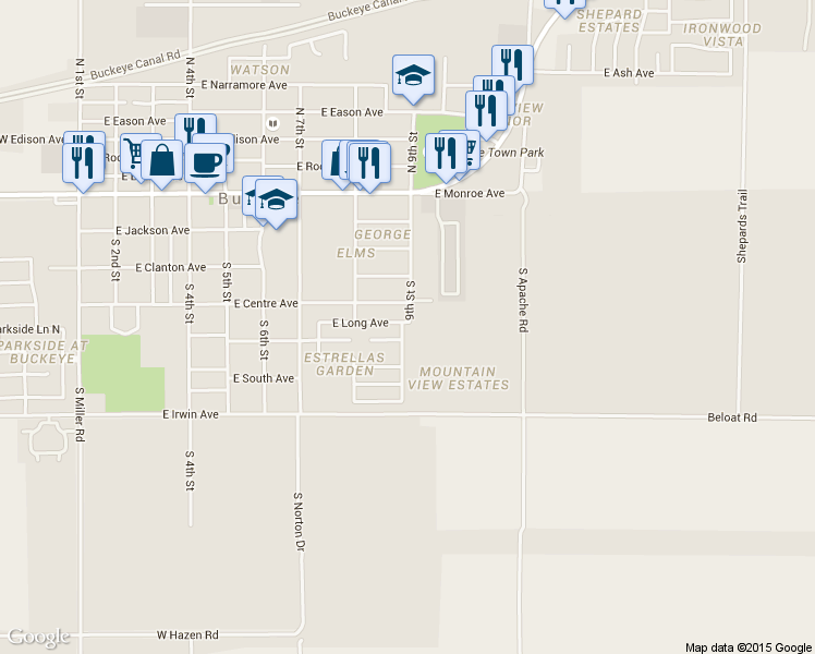 map of restaurants, bars, coffee shops, grocery stores, and more near 406 9th Street South in Buckeye