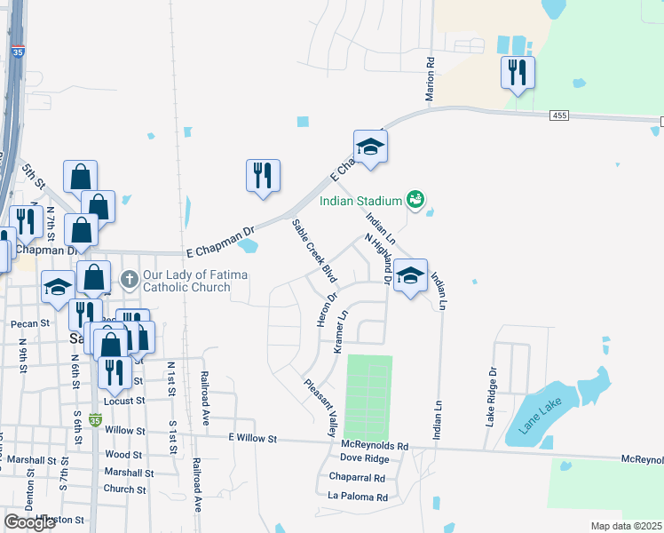 map of restaurants, bars, coffee shops, grocery stores, and more near 1 Sable Creek Blvd in Sanger
