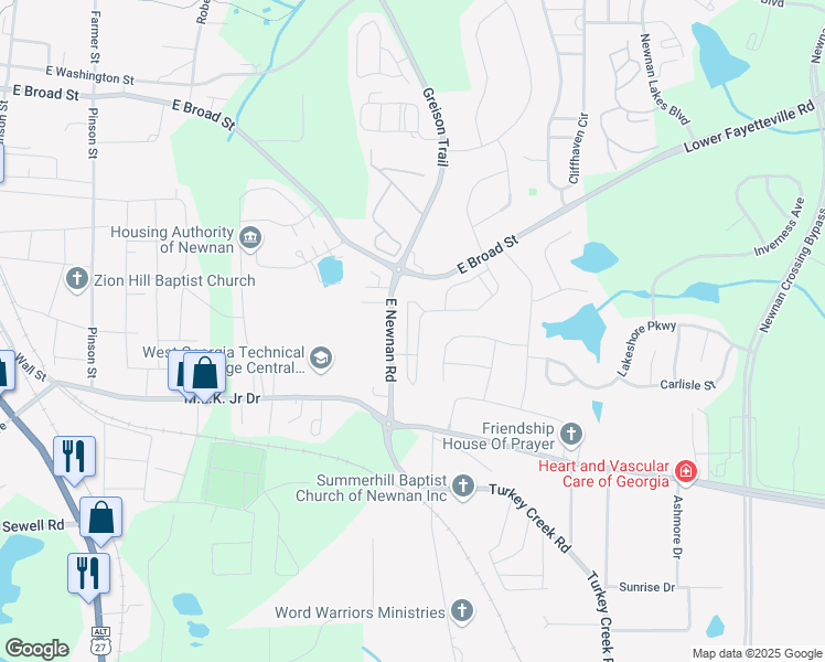 map of restaurants, bars, coffee shops, grocery stores, and more near 167 Preserve Drive in Newnan