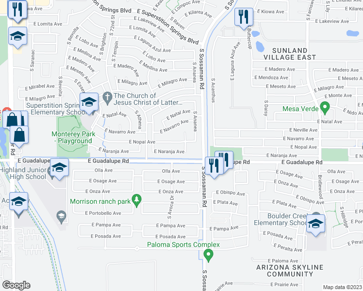 map of restaurants, bars, coffee shops, grocery stores, and more near 7517 East Nopal Avenue in Mesa