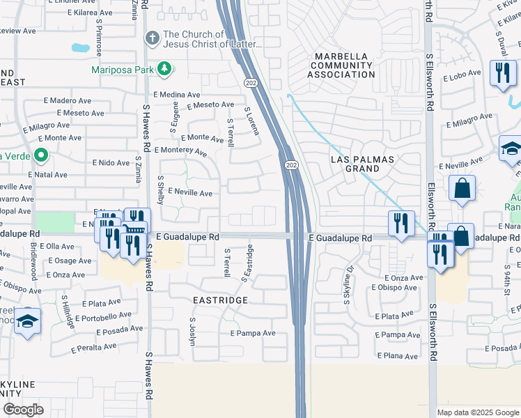 map of restaurants, bars, coffee shops, grocery stores, and more near 2716 South Merit in Mesa