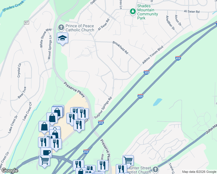 map of restaurants, bars, coffee shops, grocery stores, and more near 4839 Pinedale Way in Birmingham