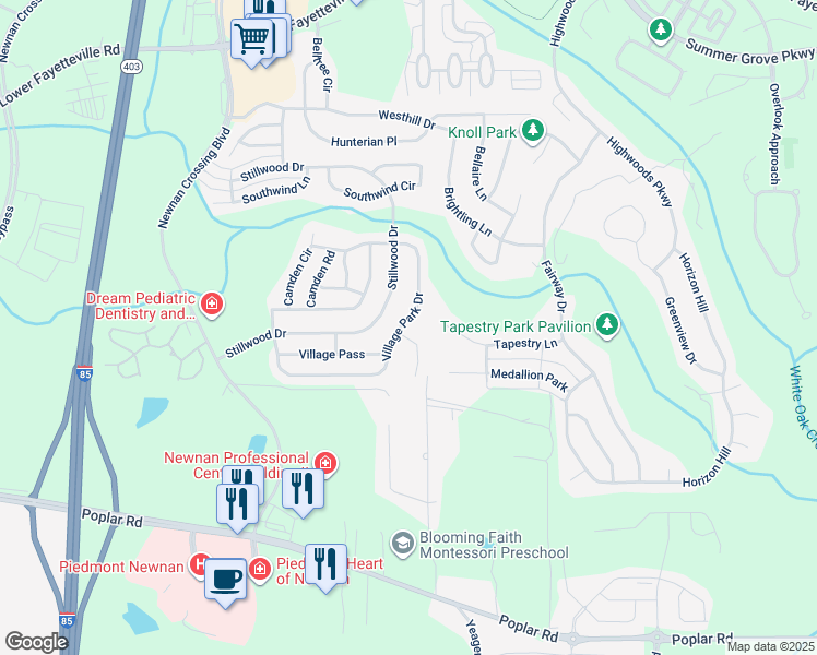 map of restaurants, bars, coffee shops, grocery stores, and more near 143 Village Park Drive in Newnan