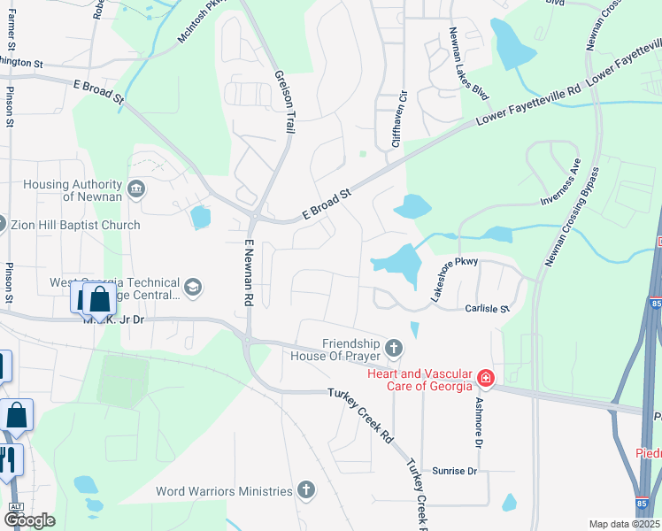 map of restaurants, bars, coffee shops, grocery stores, and more near 23 Tahoe Dr in Newnan