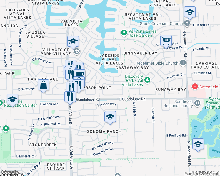 map of restaurants, bars, coffee shops, grocery stores, and more near 1842 East Cortez Drive in Gilbert