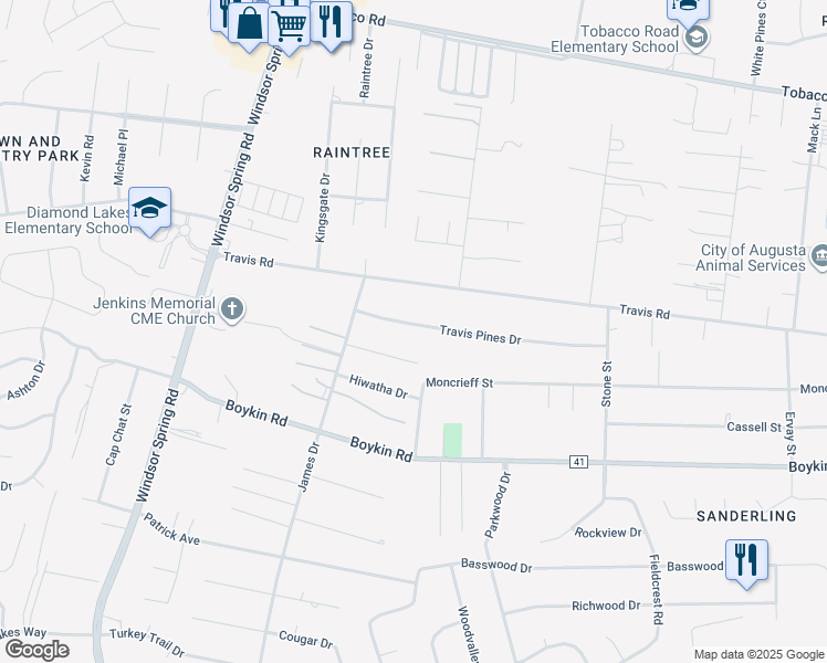 map of restaurants, bars, coffee shops, grocery stores, and more near 2382 Travis Pines Drive in Augusta