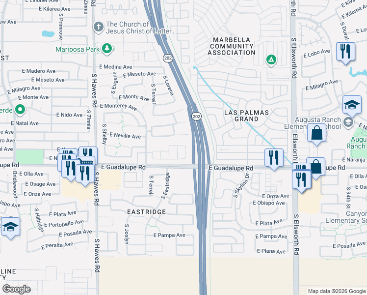 map of restaurants, bars, coffee shops, grocery stores, and more near 2721 South Gordon in Mesa