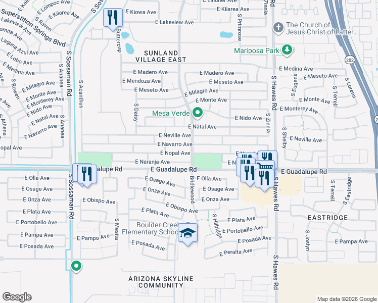 map of restaurants, bars, coffee shops, grocery stores, and more near 8026 East Nopal Avenue in Mesa