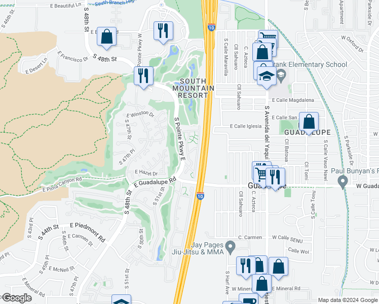 map of restaurants, bars, coffee shops, grocery stores, and more near 8809 South Pointe Parkway East in Phoenix