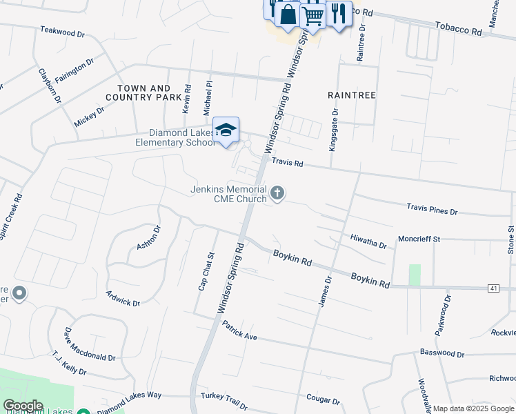 map of restaurants, bars, coffee shops, grocery stores, and more near 4228 Windsor Spring Road in Hephzibah