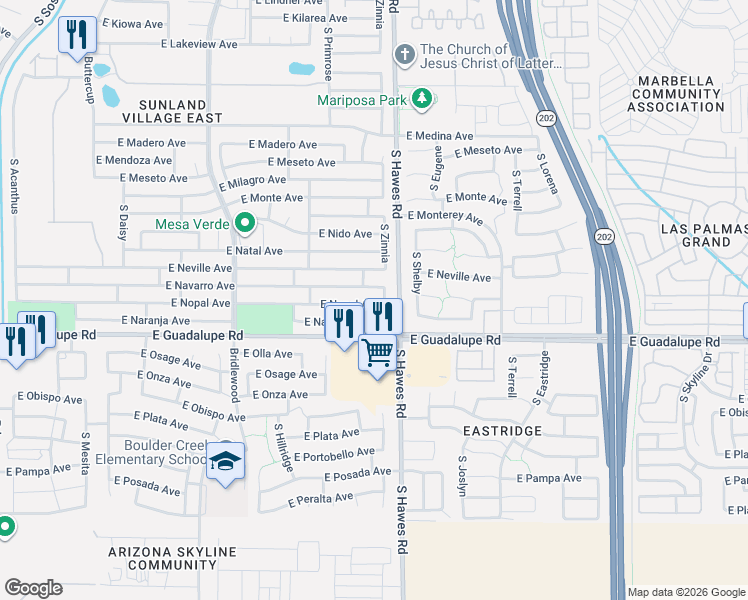 map of restaurants, bars, coffee shops, grocery stores, and more near 8348 East Nopal Avenue in Mesa