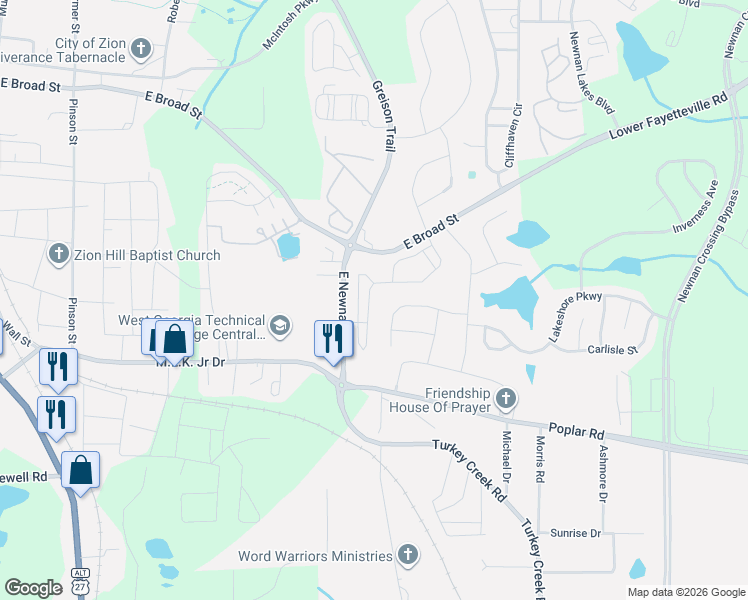 map of restaurants, bars, coffee shops, grocery stores, and more near 167 Preserve Drive in Newnan