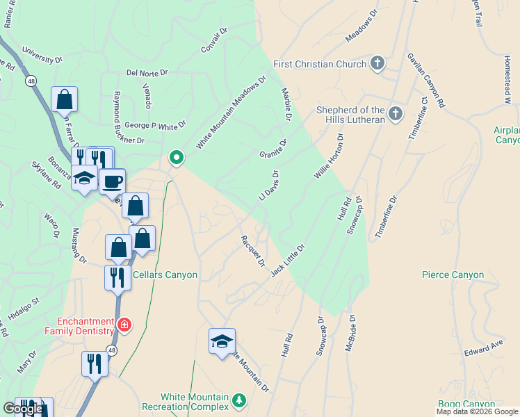 map of restaurants, bars, coffee shops, grocery stores, and more near 199 Racquet Place in Ruidoso