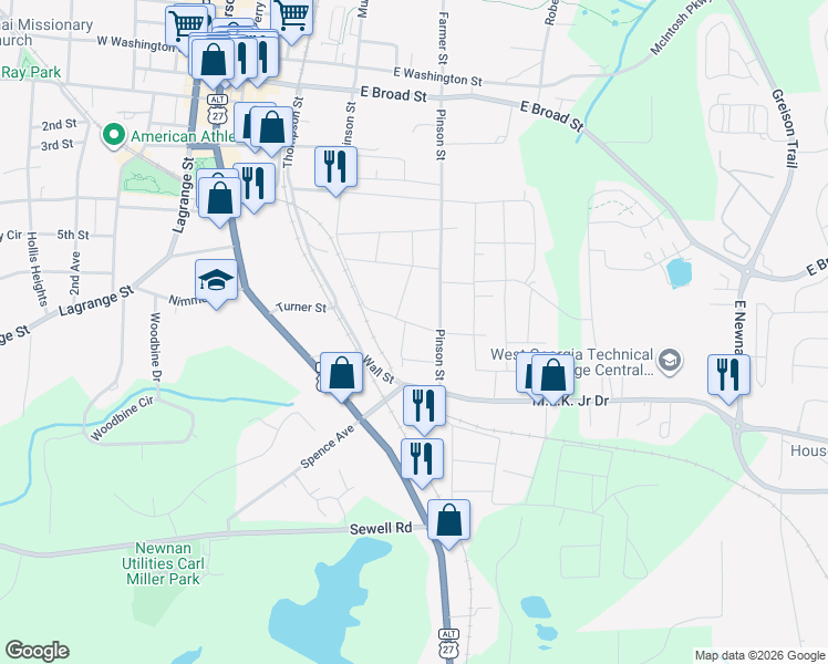 map of restaurants, bars, coffee shops, grocery stores, and more near 25 Reynolds Street in Newnan